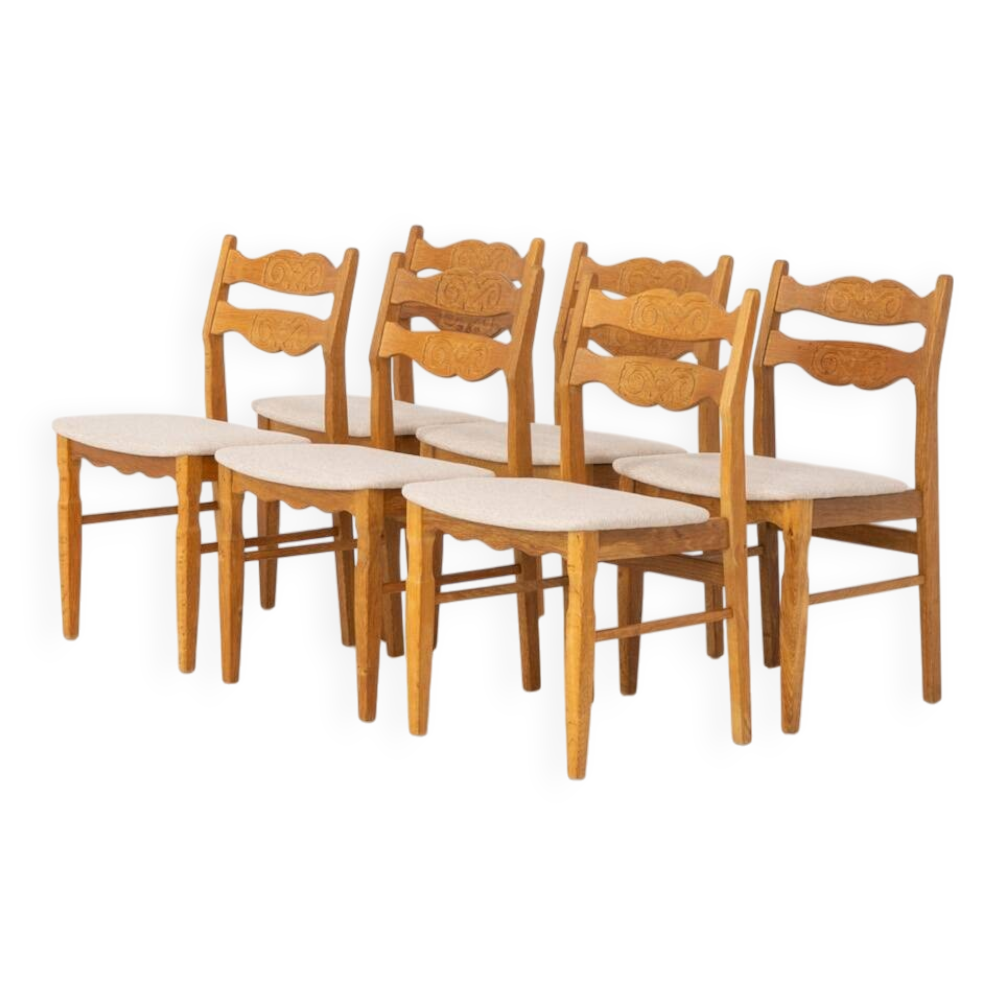 Ensemble de 6 chaises brutalistes en chêne par Henning Kjaernulf