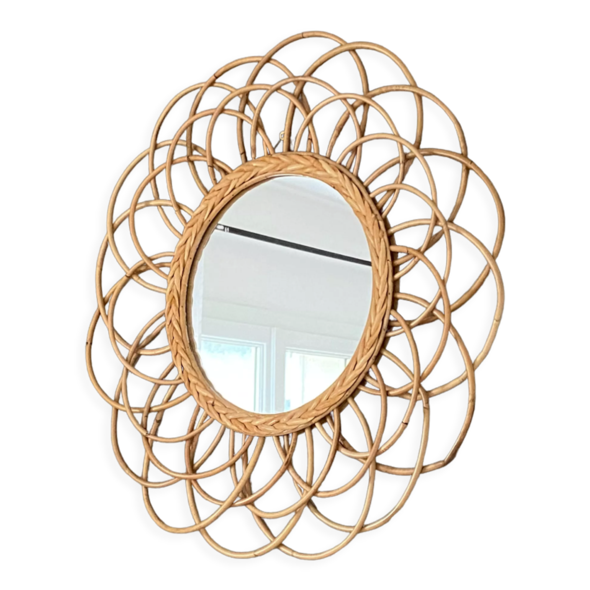 Miroir soleil vintage rotin arqué 55cm