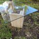 table basse design 1970 verre et travertin