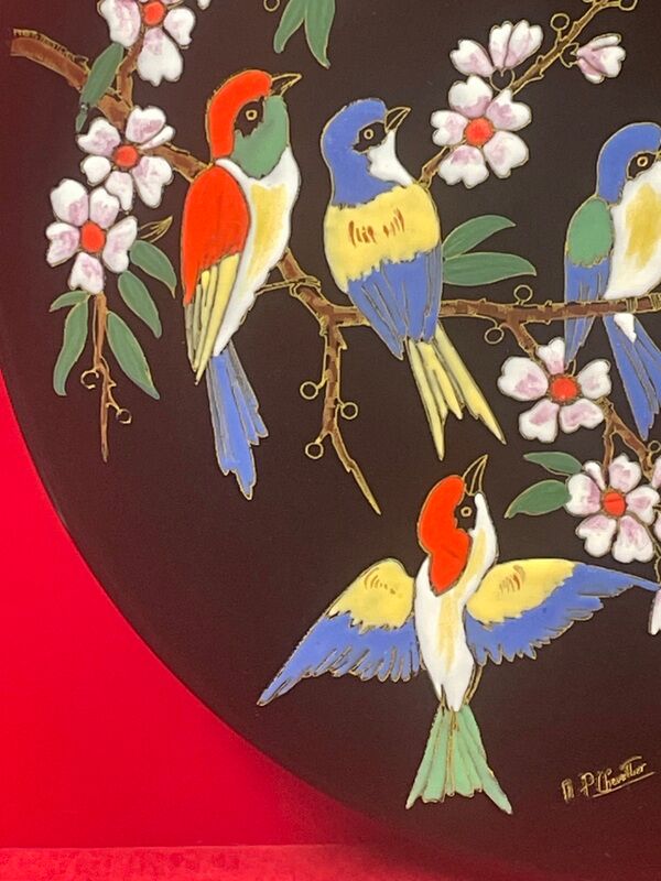 Superb dish n° 40 in emaux de longwy l'arbre aux oiseaux mp chevallier 37 cm