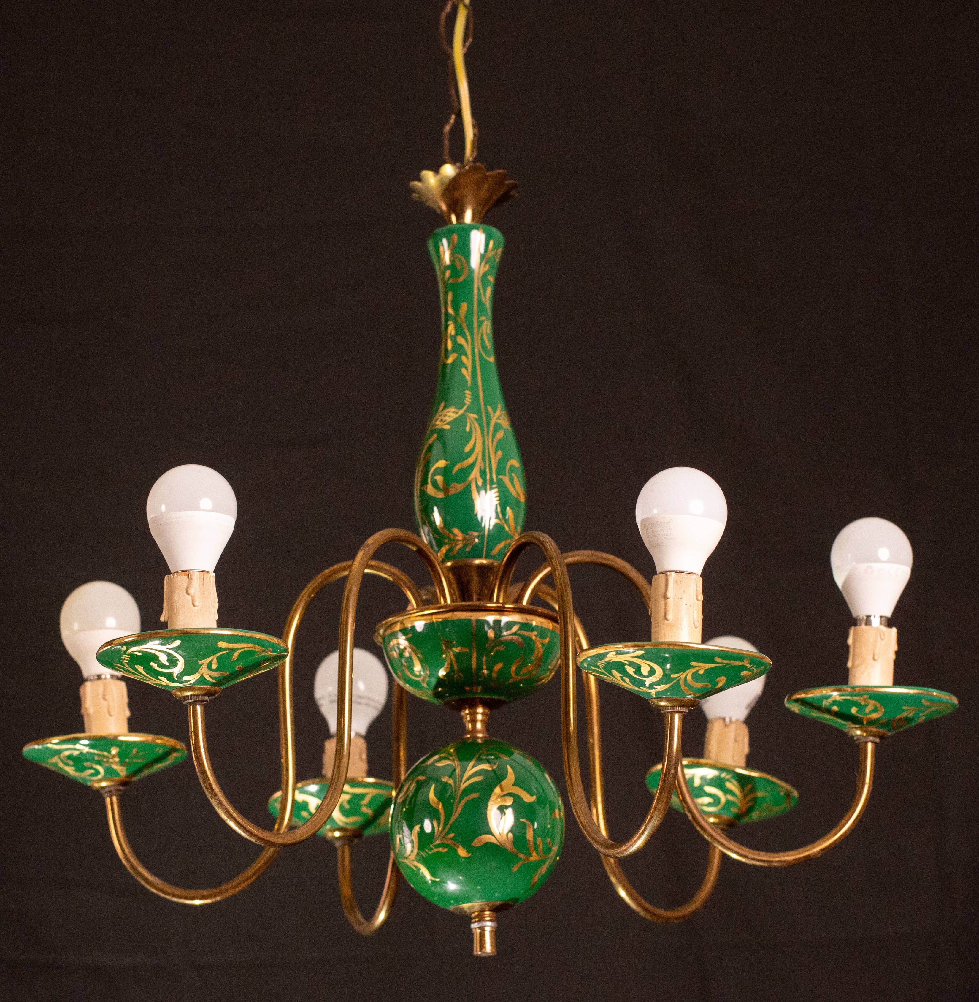 Art Deco Brass and Painted Terracotta Chandelier, 1950s