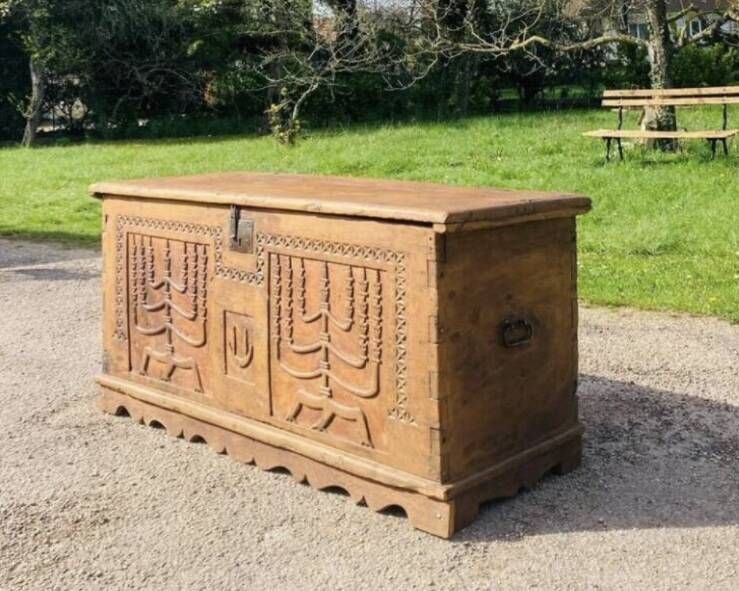wedding chest in solid fruit wood carved with 2 Menorahs and Hebrew symbol from the 18th century or even before.