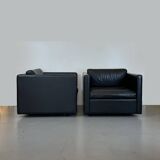 Pair of Black Leather Cube Club-Chairs by Charles Pfister for Knoll, 1980s