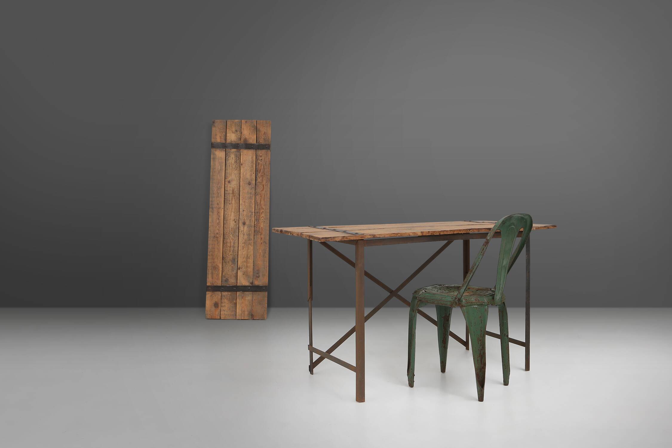 Industrial side table with metal frame and wooden top and removable platform, Belgium, 1920