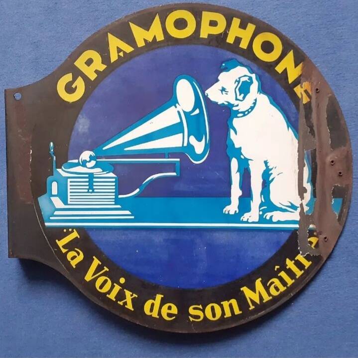 Old enamel plate gramophone the voice of his master radio marconi pathé