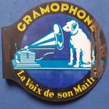 Old enamel plate gramophone the voice of his master radio marconi pathé