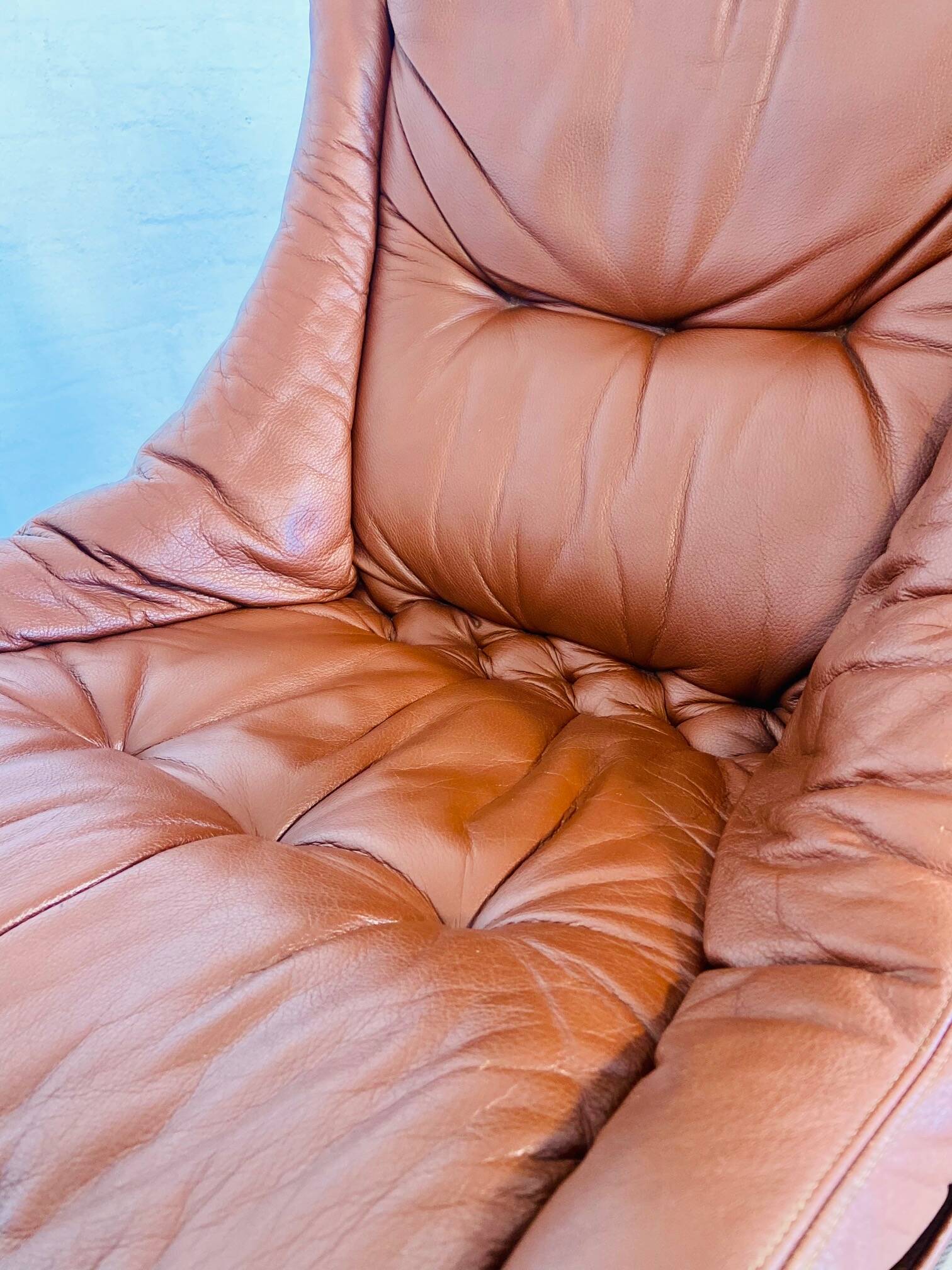 Svend Skippers vintage retro cognac leather swivel chair set 1970s