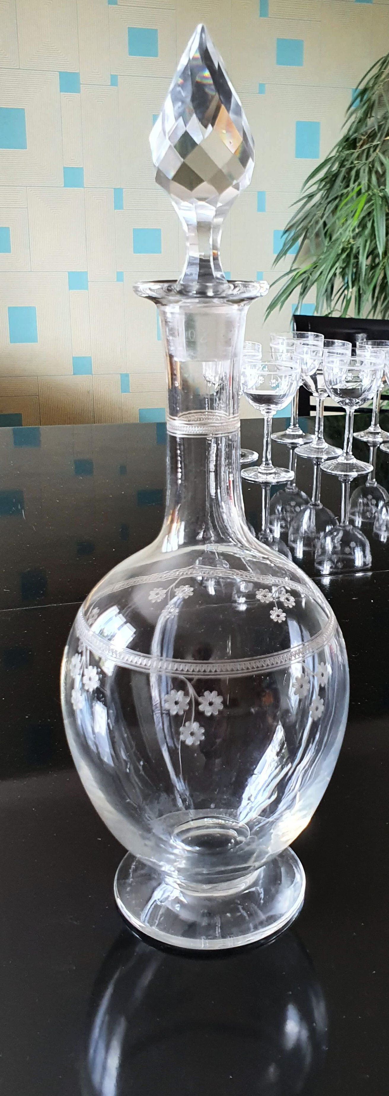 Engraved glass glasses and carafe