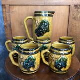 Ancien service pichet & 5 chopes céramique décor vigne raisin jaune vert vintage