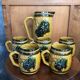 Old pitcher service & 5 ceramic mugs vintage yellow green grape vine decor