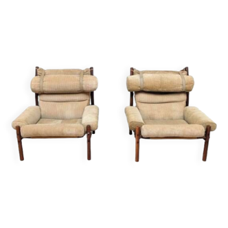 A very rare pair, but a great set by Arne Norell, 'Inca'Pair of stained beech armchairs made by Nore