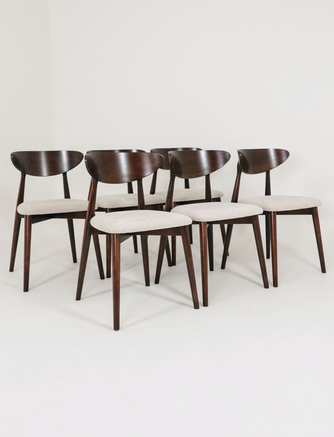 Modern Set of 6 Dining Chairs, Ecru Farbic and Dark walnut beech wood