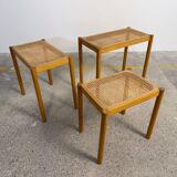 Set of Scandinavian nesting tables in wood and cane – 1960s