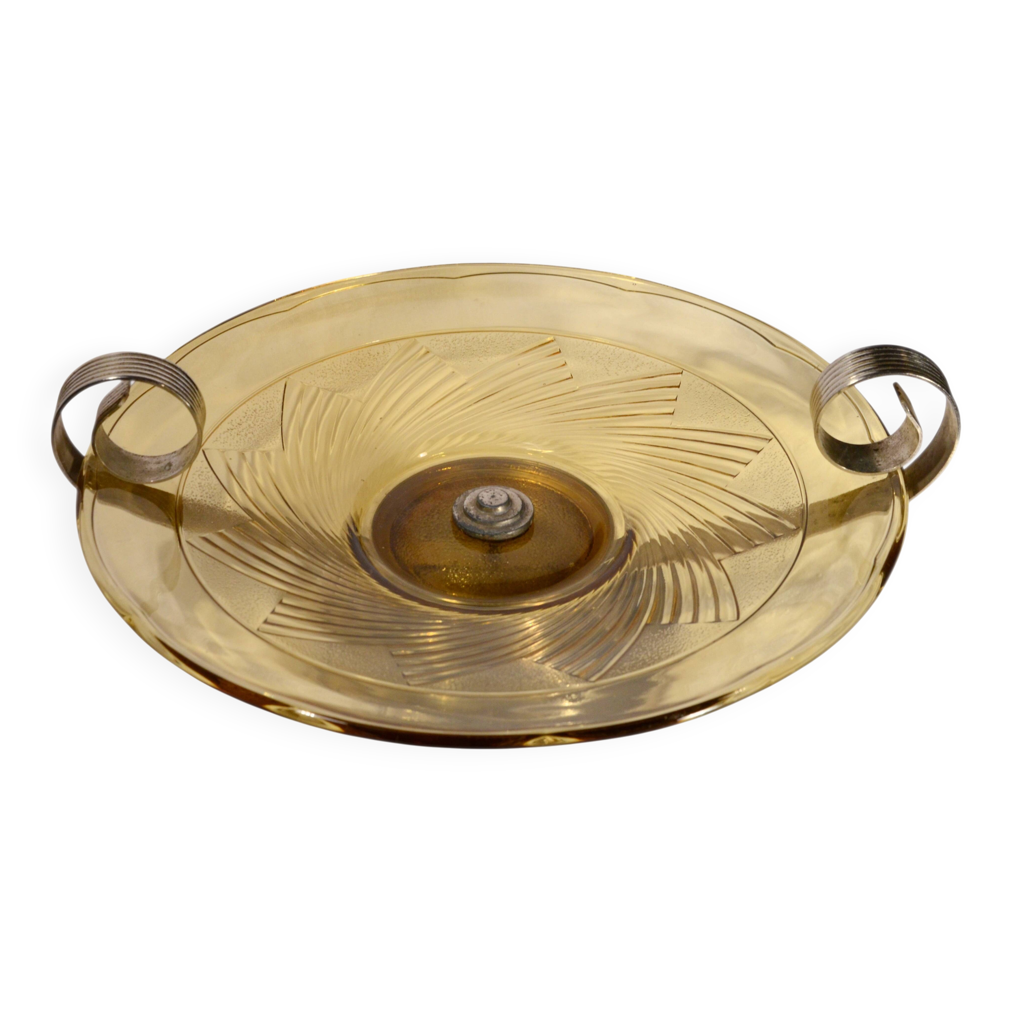 Art Deco bowl in smoked pressed glass and silver-plated metal, 30x8cm