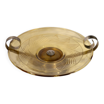 Art Deco bowl in smoked pressed glass and silver-plated metal, 30x8cm