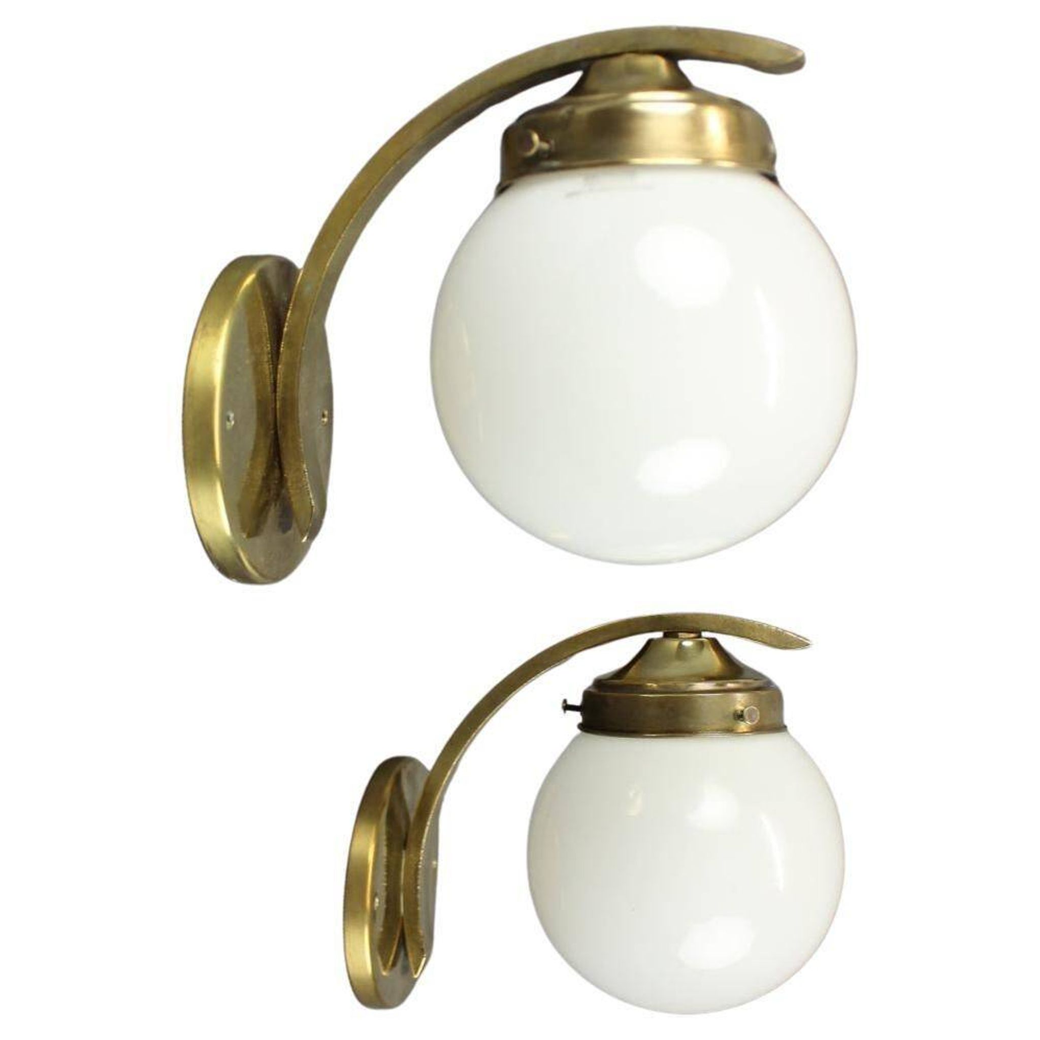 Pair of Art Deco wall sconces in brass and opaline glass, Europe, 1930s
