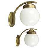 Pair of Art Deco wall sconces in brass and opaline glass, Europe, 1930s
