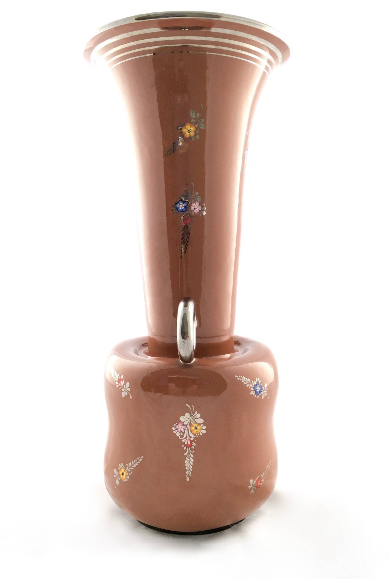 Brown Lacquered and Hand Painted Terracotta Deruta Amphora Vase, Italy