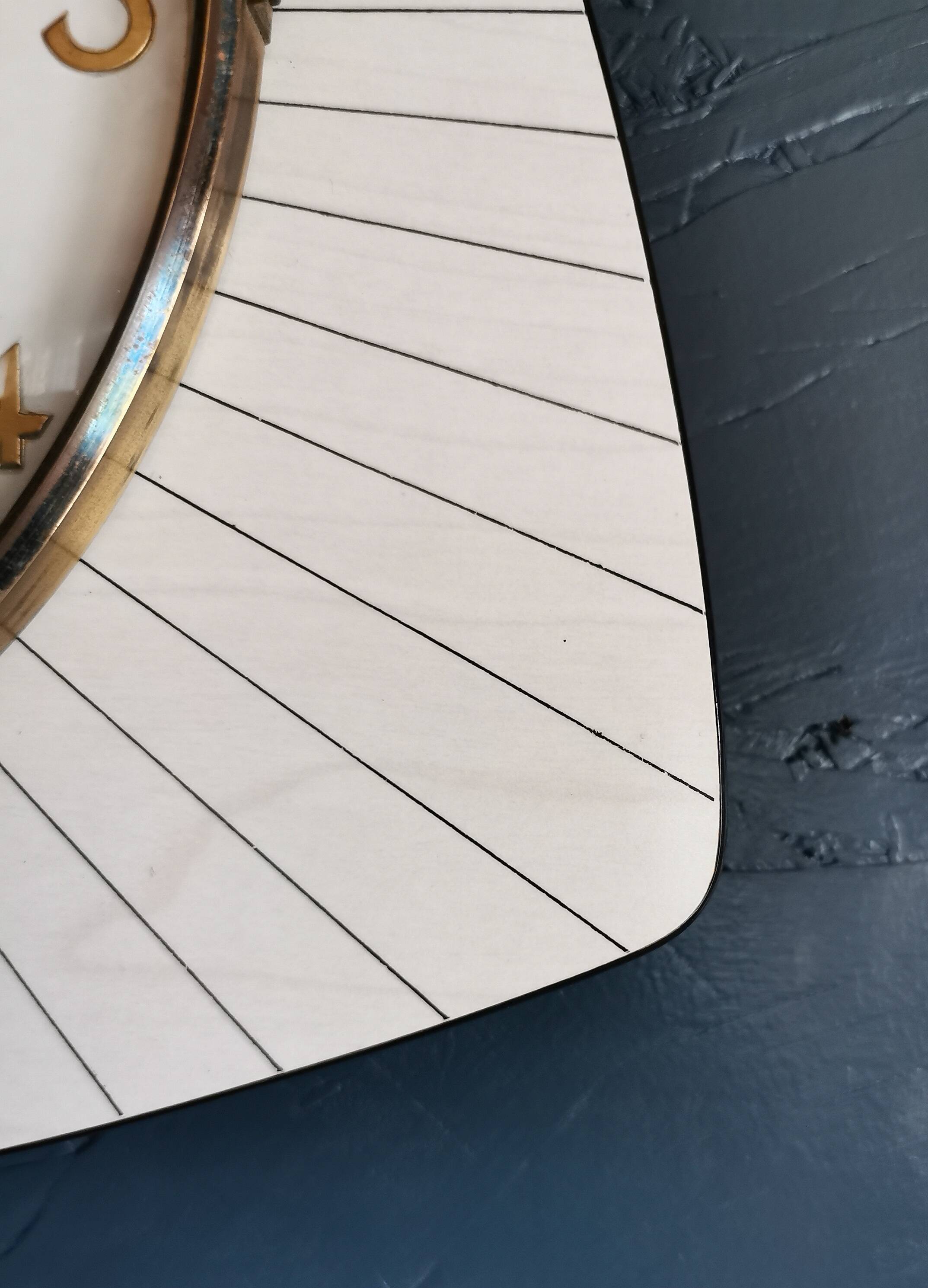 Vintage formica clock silent asymmetrical wall pendulum "Bayard wood lines"