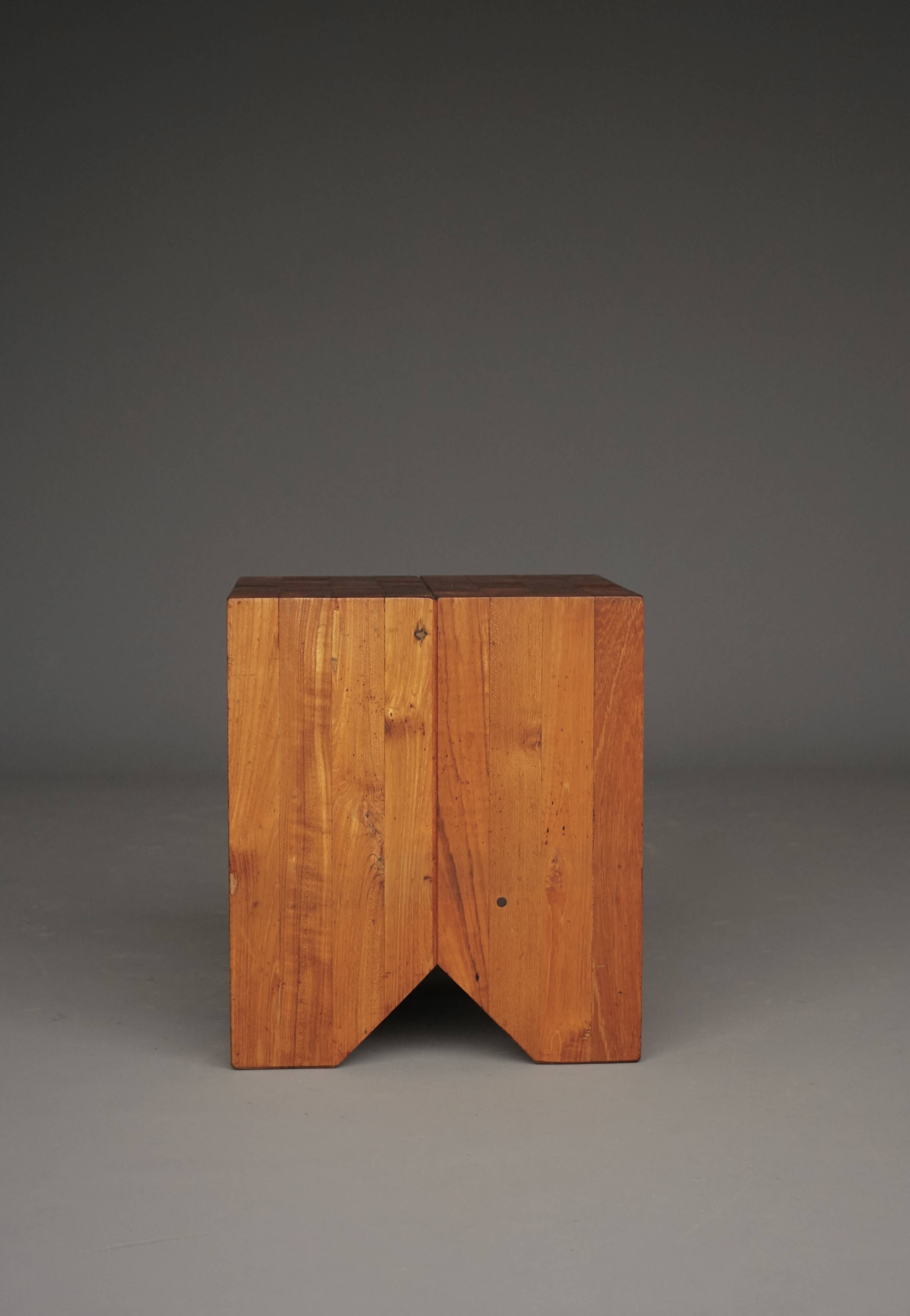 Brutalist solid Teak wood Stool or Side Table. 1990s