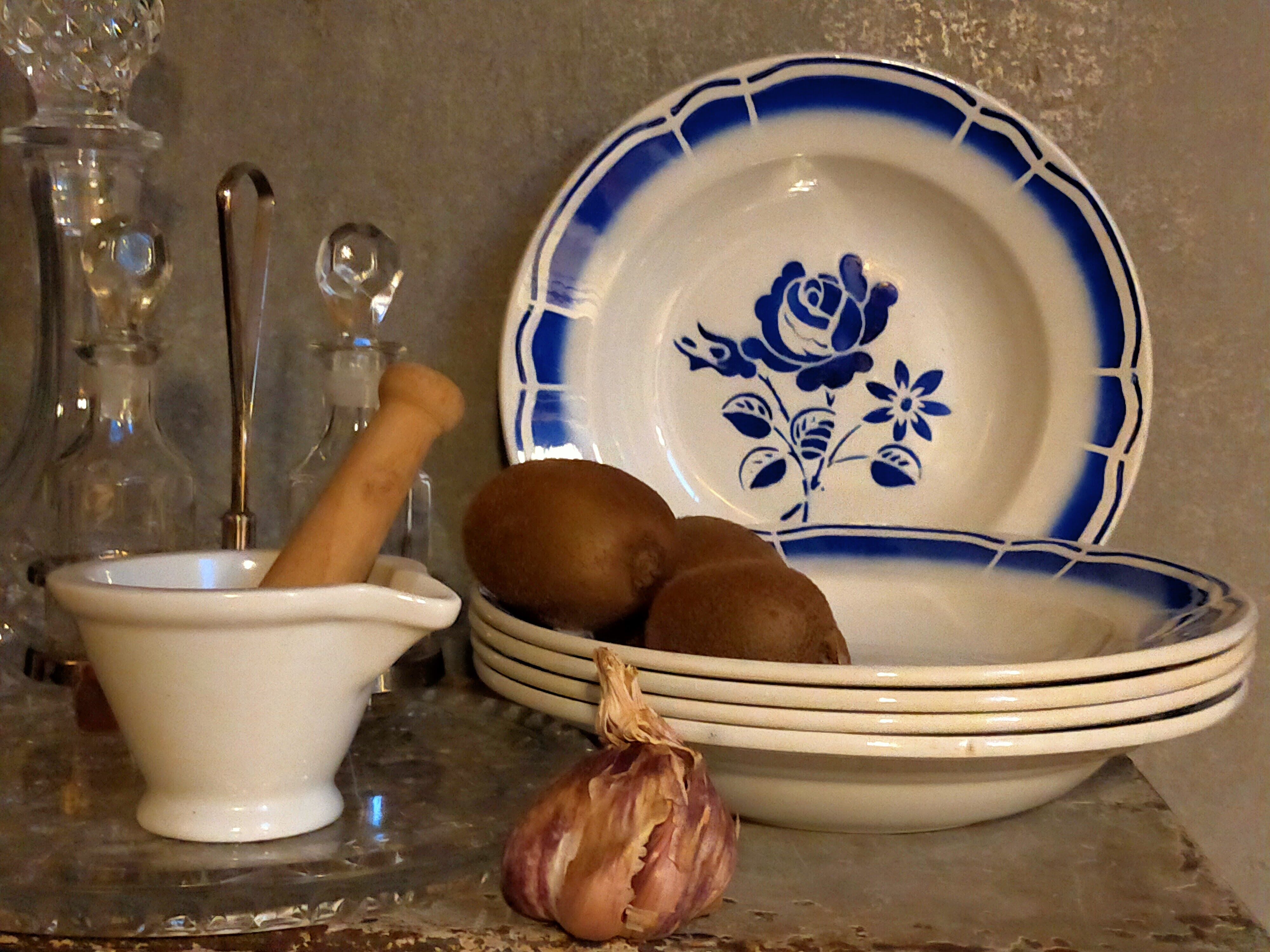 Five old "grandmother" plates with blue flowers