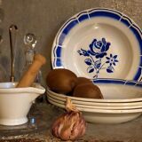 Cinq assiettes "grand-mère" anciennes à fleurs bleues