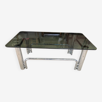 Vintage coffee table in smoked glass and chrome metal from the 70s