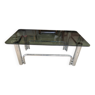 Vintage coffee table in smoked glass and chrome metal from the 70s