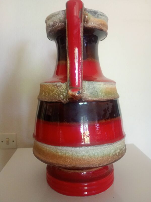 Grand vase balustre double anse - céramique émaillé rouge brun ''lava