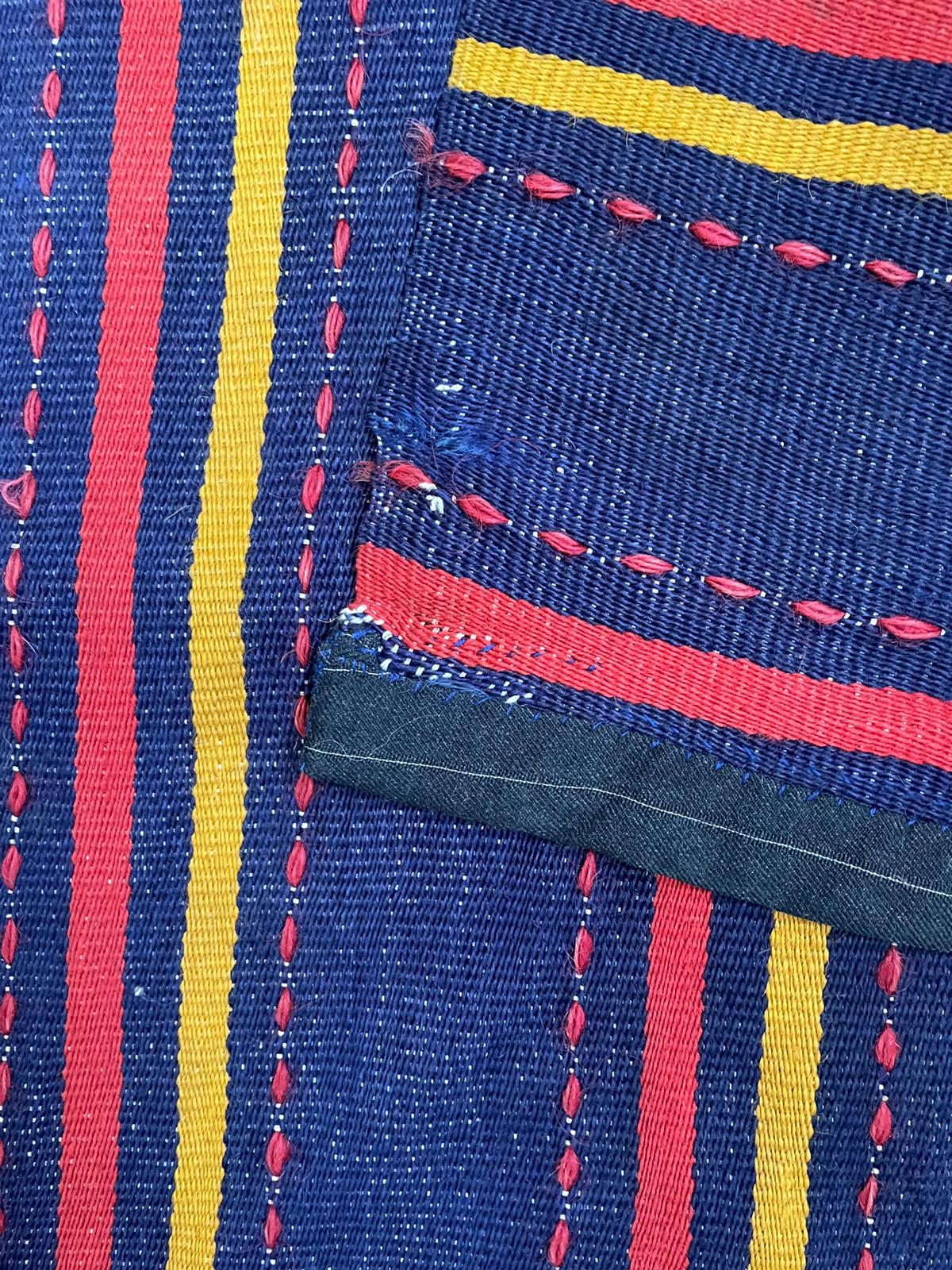 Romanian rug handwoven in wool, purple background with red and yellow stripes 183x133cm