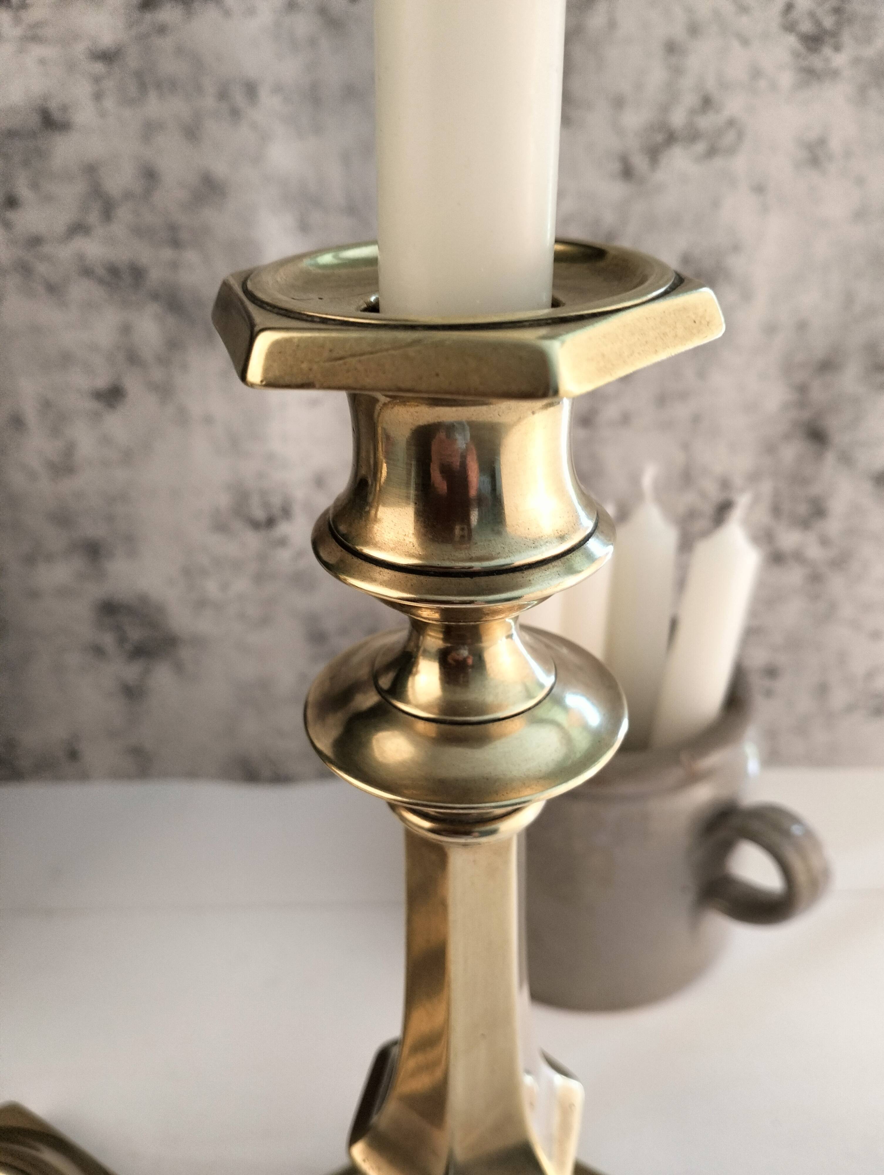 Charming Pair of Victorian Brass Candlesticks with Octagonal Bases - Matching Antique Candle Holders
