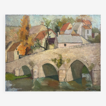 Grand Tableau HST Post cubiste Village Pont de Gissey (?) signé daté Bourgogne