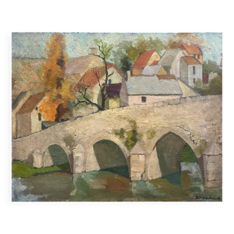 Large HST Post Cubist Painting Village Pont de Gissey (?) signed dated Burgundy