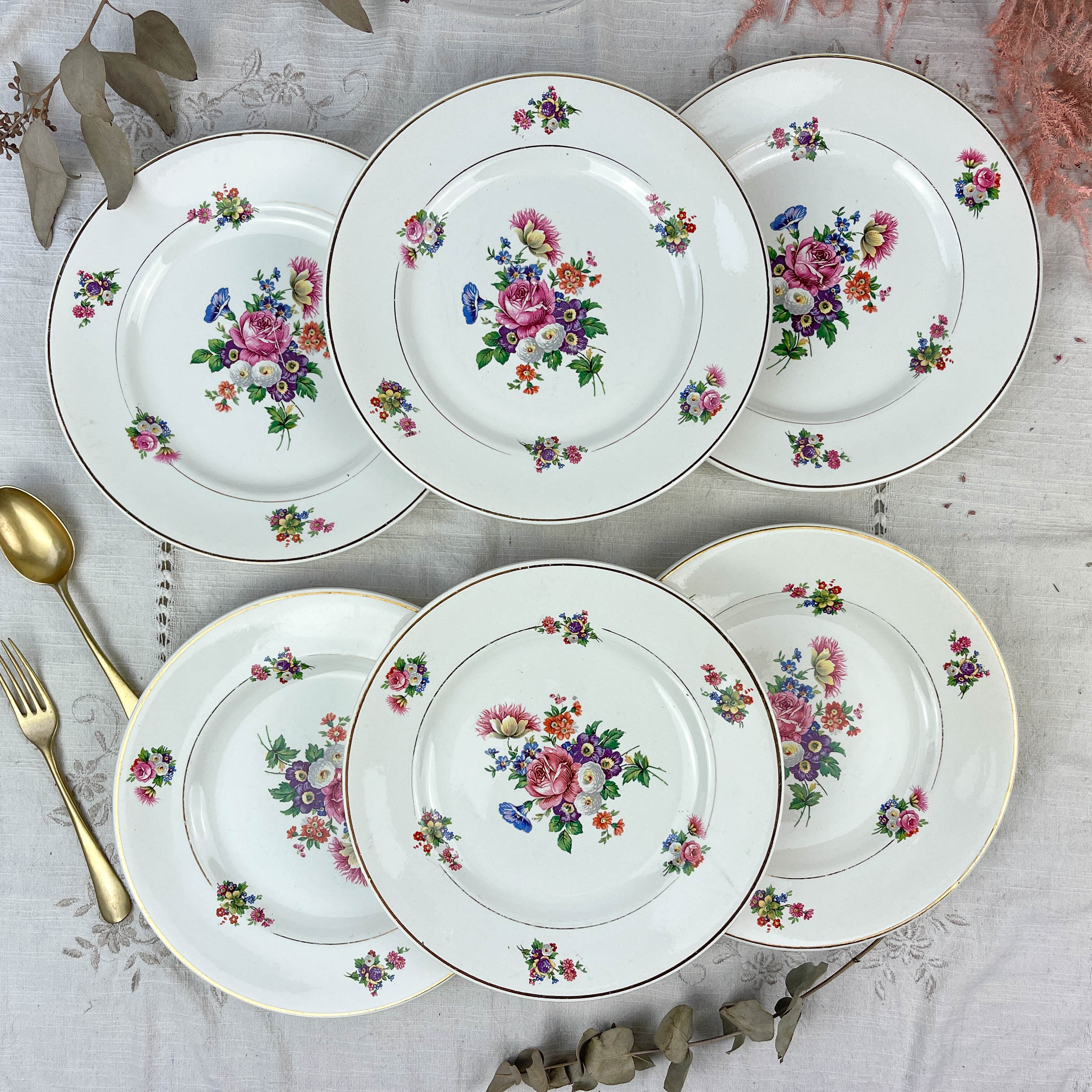 6 assiettes terre de fer salins modèle "anny" motif fleuris