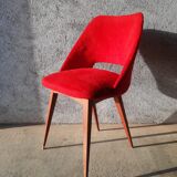 Chaise tonneau en moumoute rouge pieds compas années 60-70