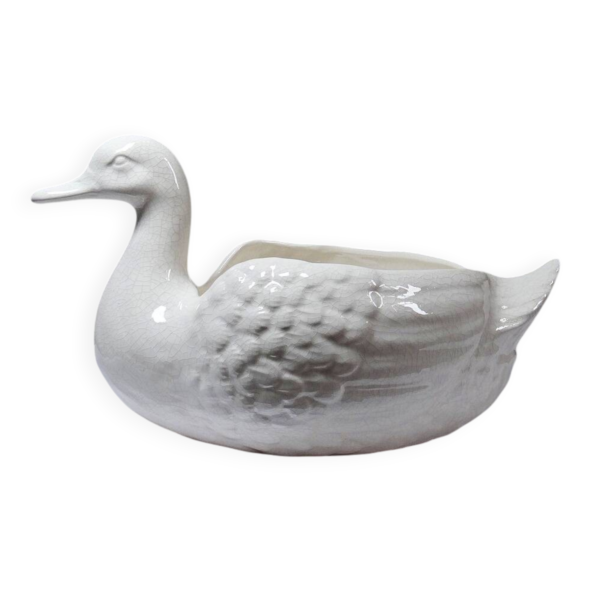Cache pot/coupe canard en faïence craquelée beige vintage