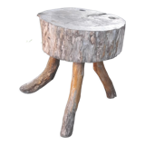 Stool low tripod log solid wood, brutalist and authentic, circa 1920