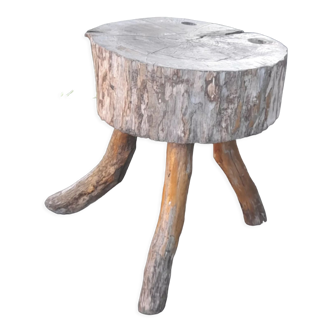 Stool low tripod log solid wood, brutalist and authentic, circa 1920