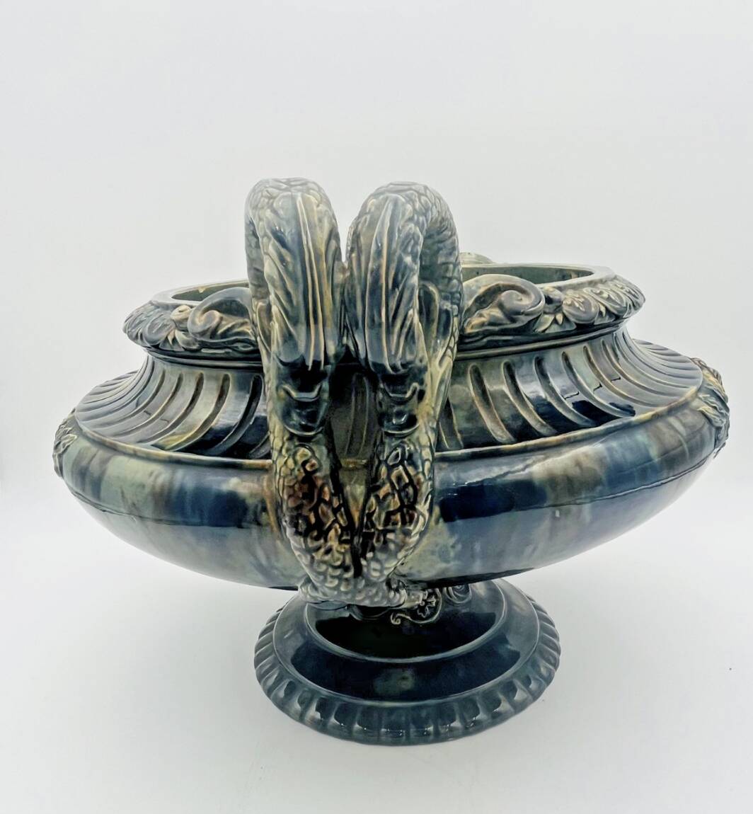 Large footed bowl in green and blue glazed ceramic