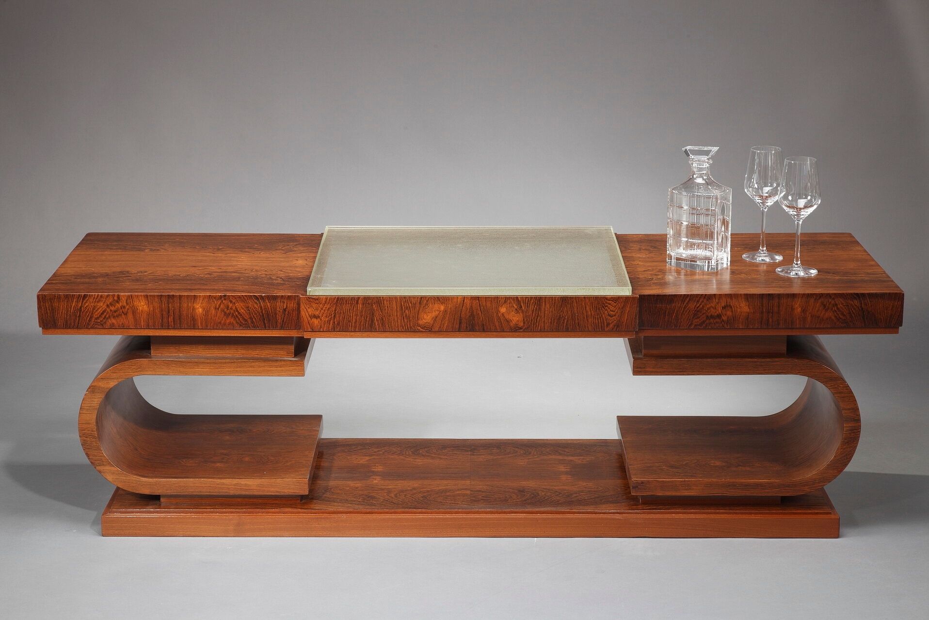 Table basse art déco en palissandre et verre