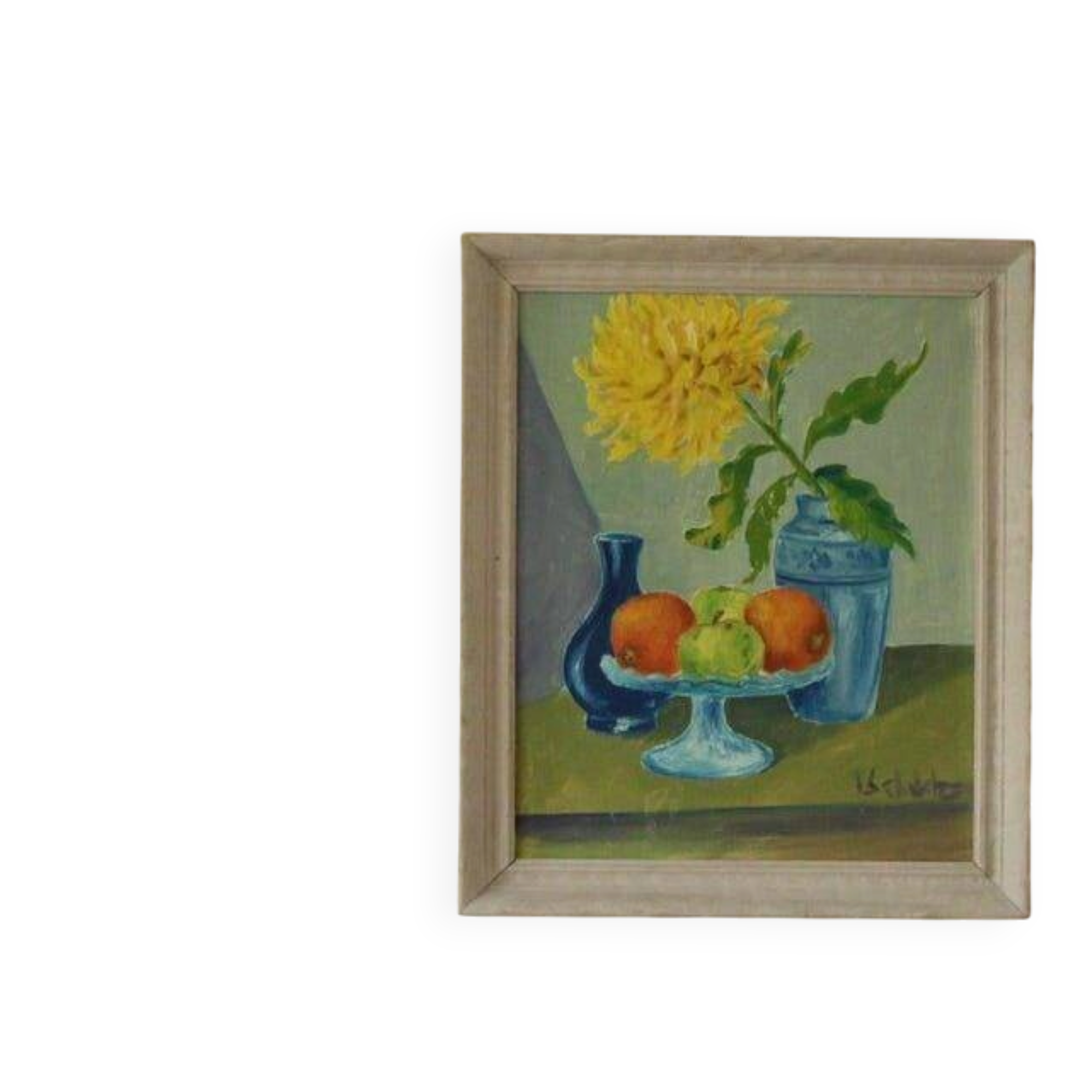 Huile sur panneau vintage d'origine – « Nature morte : Fruits et fleur jaune »