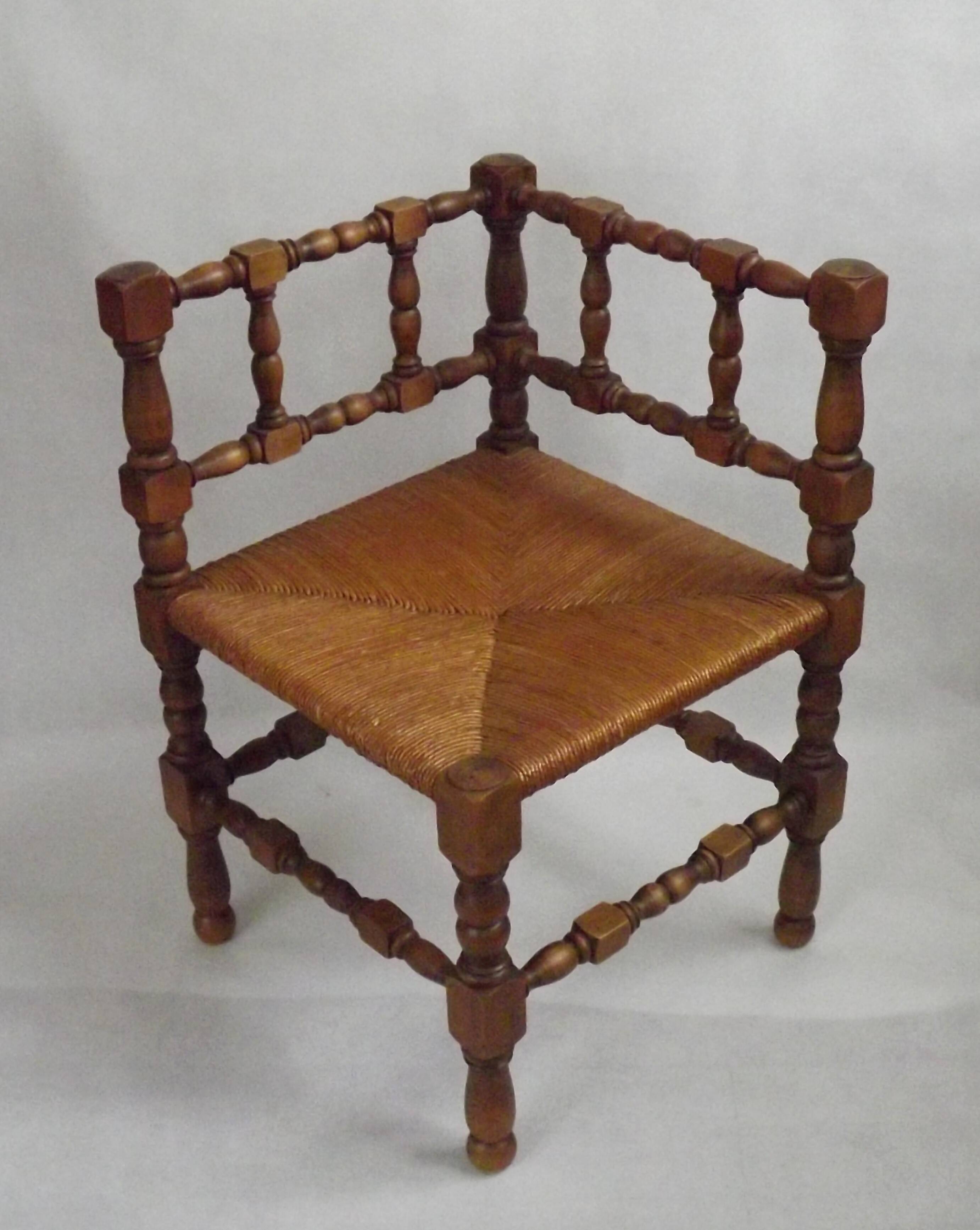 Antique French Turned Wooden Bobbin Chair with Rush Seat