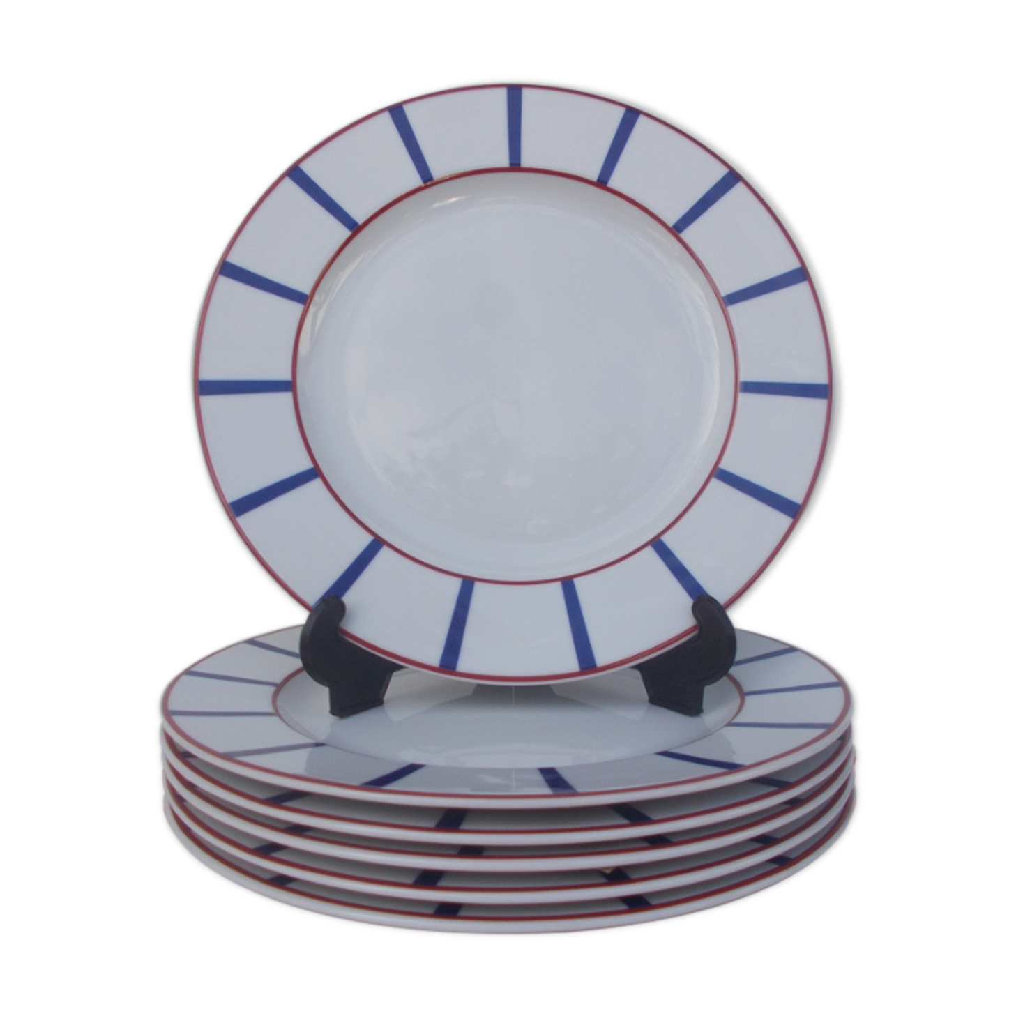 6 flat plates basque porcelain vleu and red