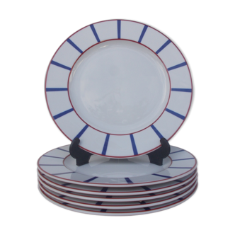 6 flat plates basque porcelain vleu and red