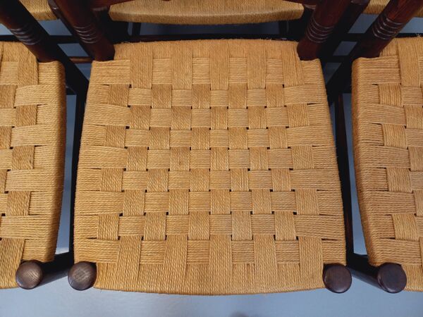 Suite de 6 chaises vintage Arts & Crafts style Antonio Calligaris en bois de chêne corde années 50