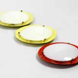 Three round 1950s wall or ceiling lamps made of metal and plexiglass shades