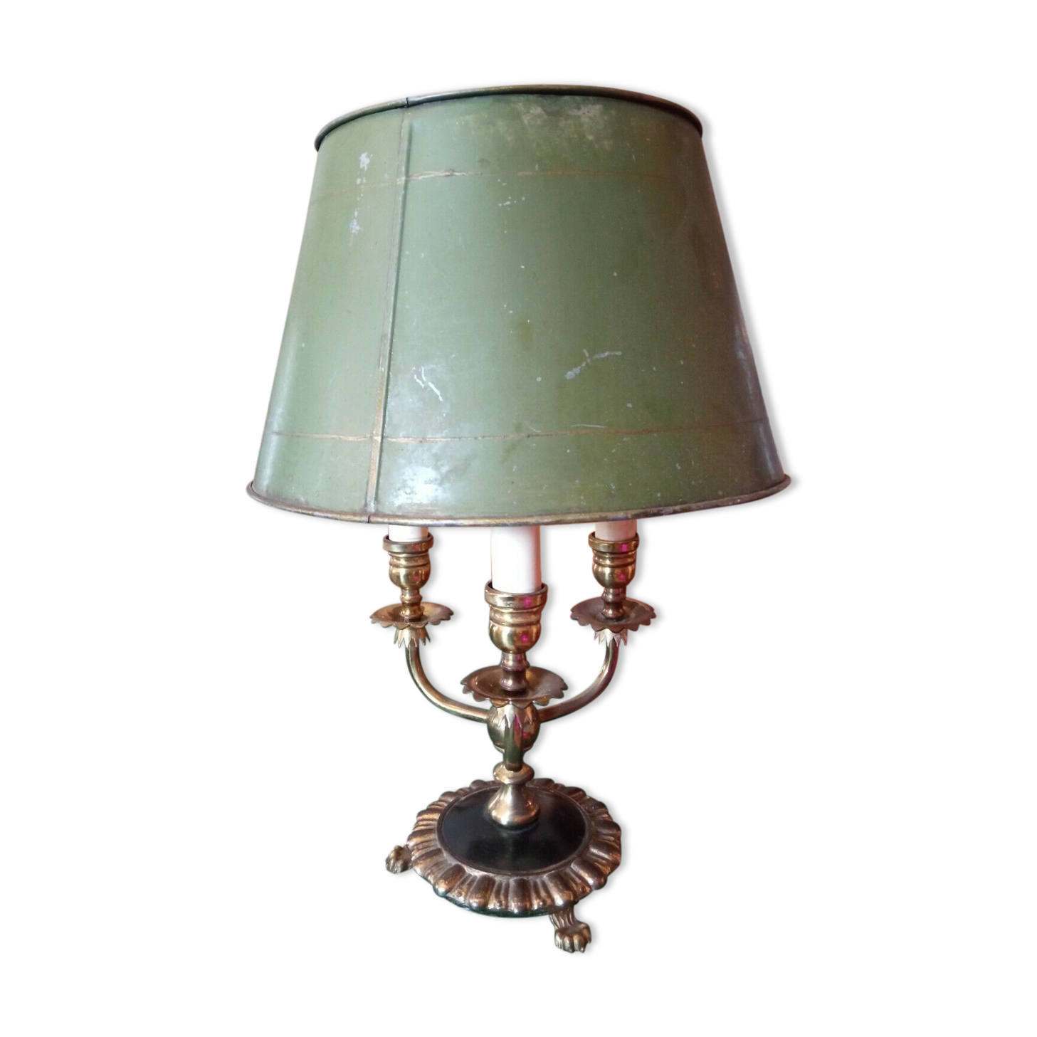 Lamp hot water bottle 3 lights gilded bronze lampshade sheet metal lion's pates