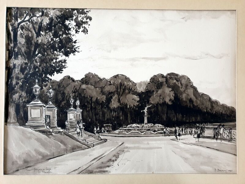 André Duculty (1912-1990) Ink wash on paper "Saint Germain en Laye, la terrasse" Signed