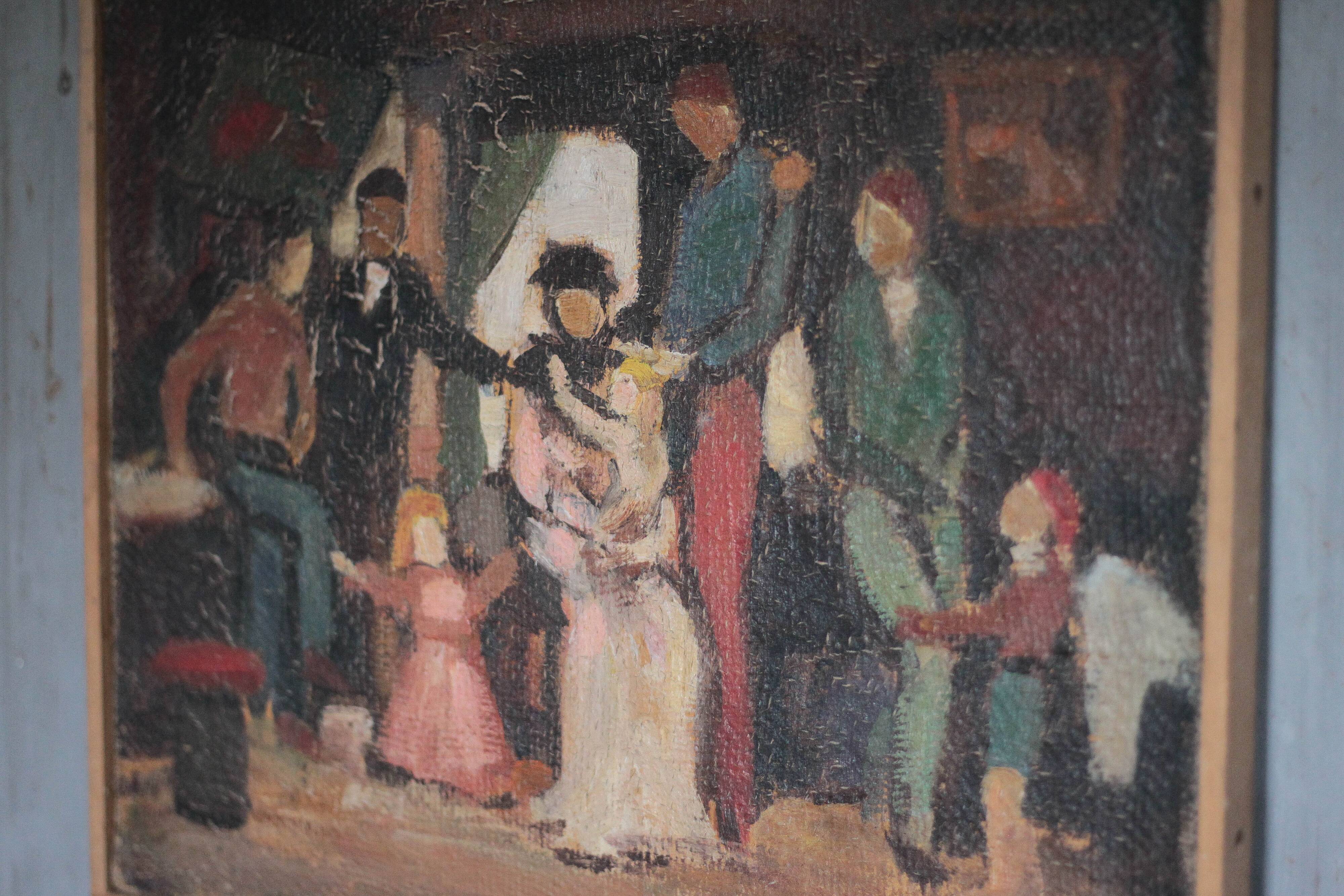 Painting signed Béchon-Sauzeau, oil on canvas, scene of characters.