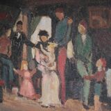 Painting signed Béchon-Sauzeau, oil on canvas, scene of characters.